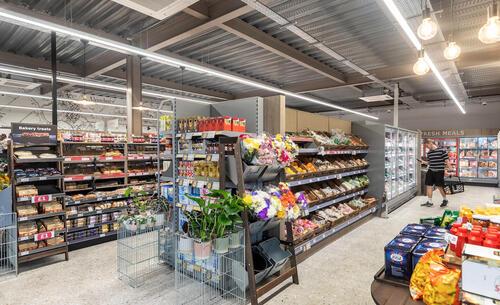 Interior of the new Co-op at Alconbury Weald showing displays of produce