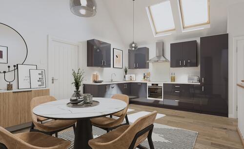 An interior kitchen at The Hawking Alconbury Weald