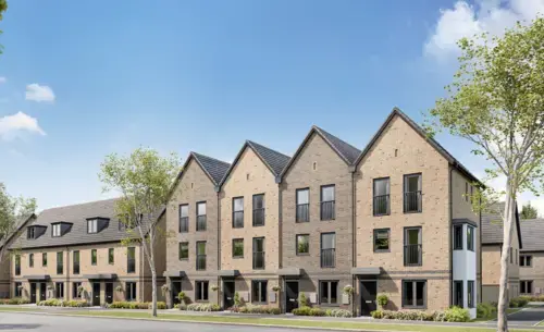 A CGI of The Hawking street scene at Alconbury Weald