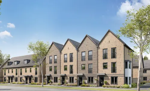 A CGI of The Hawking street scene at Alconbury Weald