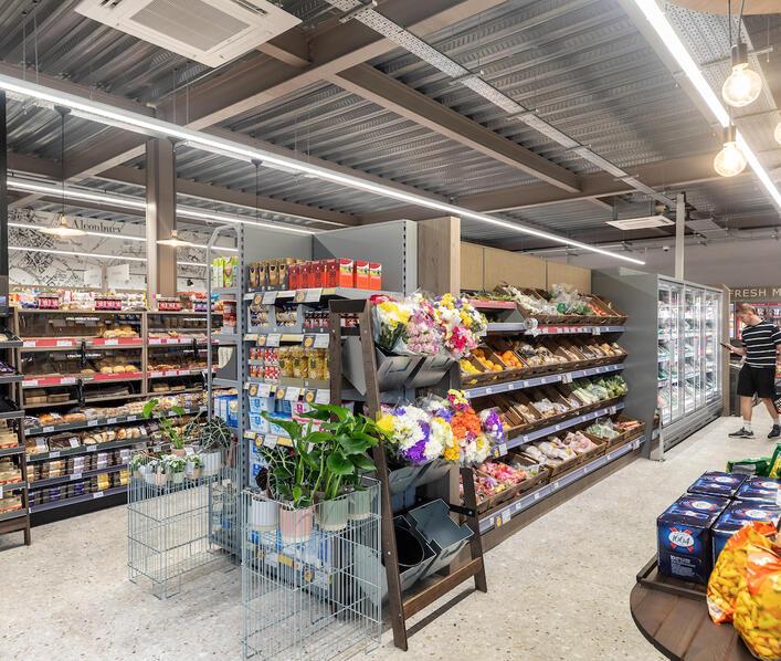 Interior of the new Co-op at Alconbury Weald showing displays of produce